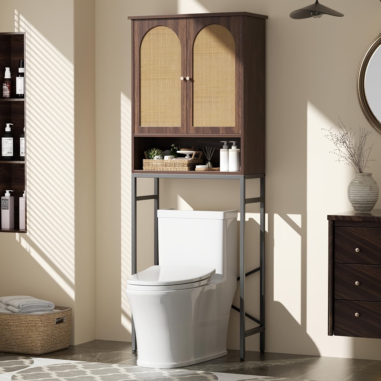 Toilet Storage Cabinet | Over The Toilet Space Saving Organizer with Adjustable Shelf, Sturdy Metal Frame, Wooden Design, Bathroom Cupboard for Small Spaces Holds Towels, Washer, Toiletries, Green, Rustic Style, Lockable, Floor Mount