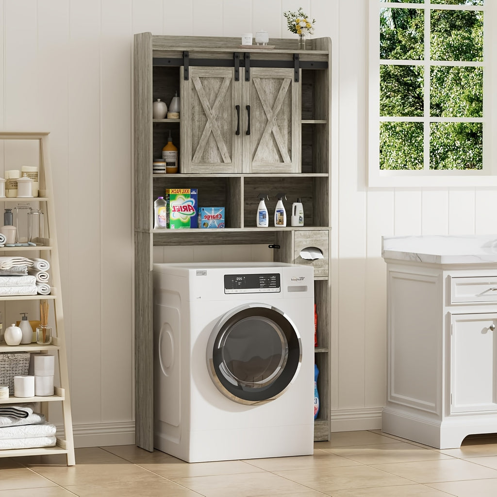 Farmhouse Storage Cabinet Over Toilet with Sliding Doors | Space-Saving Design, Brown Particle Board, Floor Mount, for Bathroom, Restroom, Laundry - BEFRASES