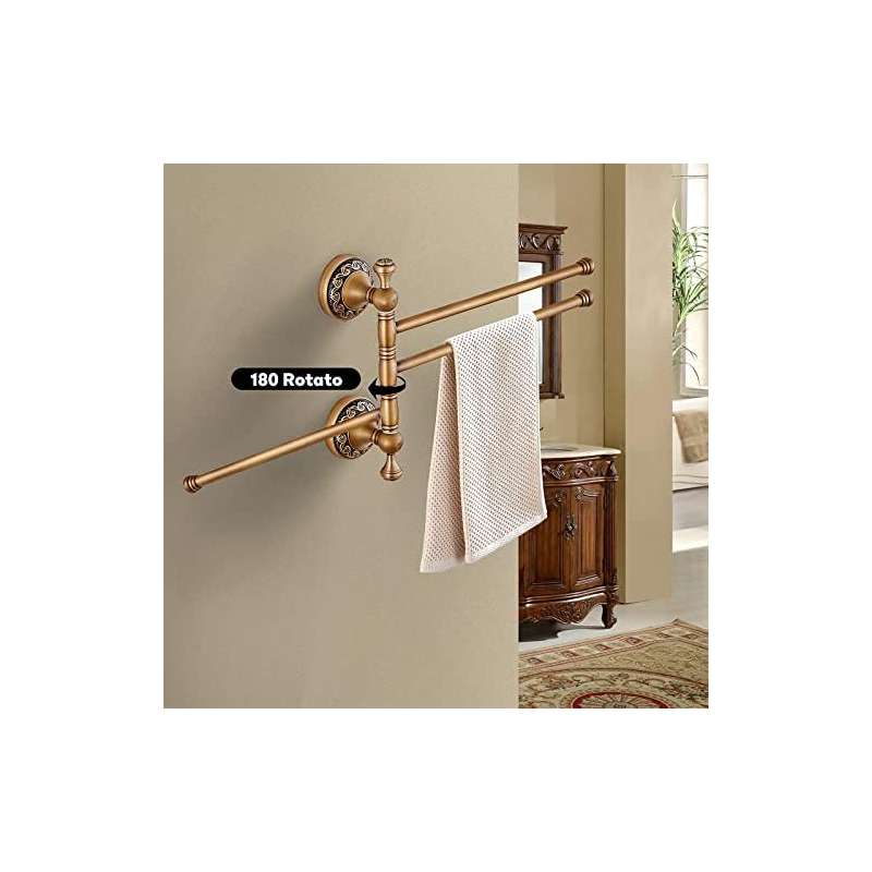 3-Arm Swivel Towel Bar with 360° Rotating Arms - Heavy-Duty Stainless Steel Bathroom Towel Rack, Space-Saving Modern Design with Walnut Finish & Brass Holders, Curved Arms for Ample Towel Storage, Ideal for Bath, Shower, or Powder Room - Easy Instal
