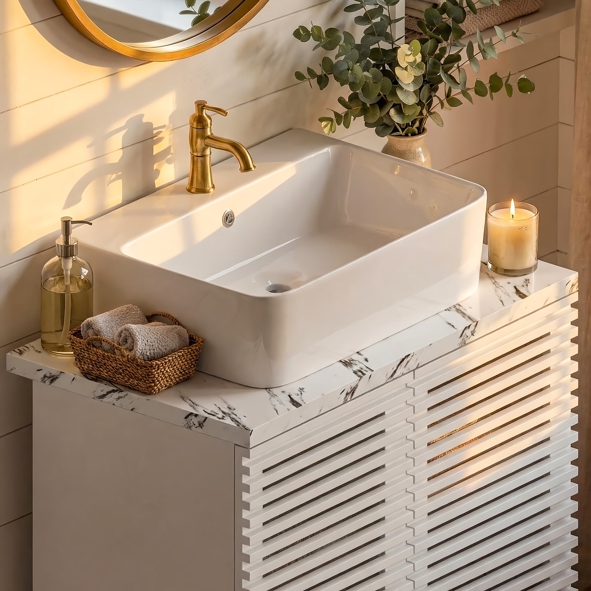 Modern Bathroom Vanity with Artificial Stone Washbasin And Storage Compartment, Bathroom Cabinet with Slatted Cabinet Doors And Solid Wood Legs, Bathroom Organizer And Storage, for Bathroom, White