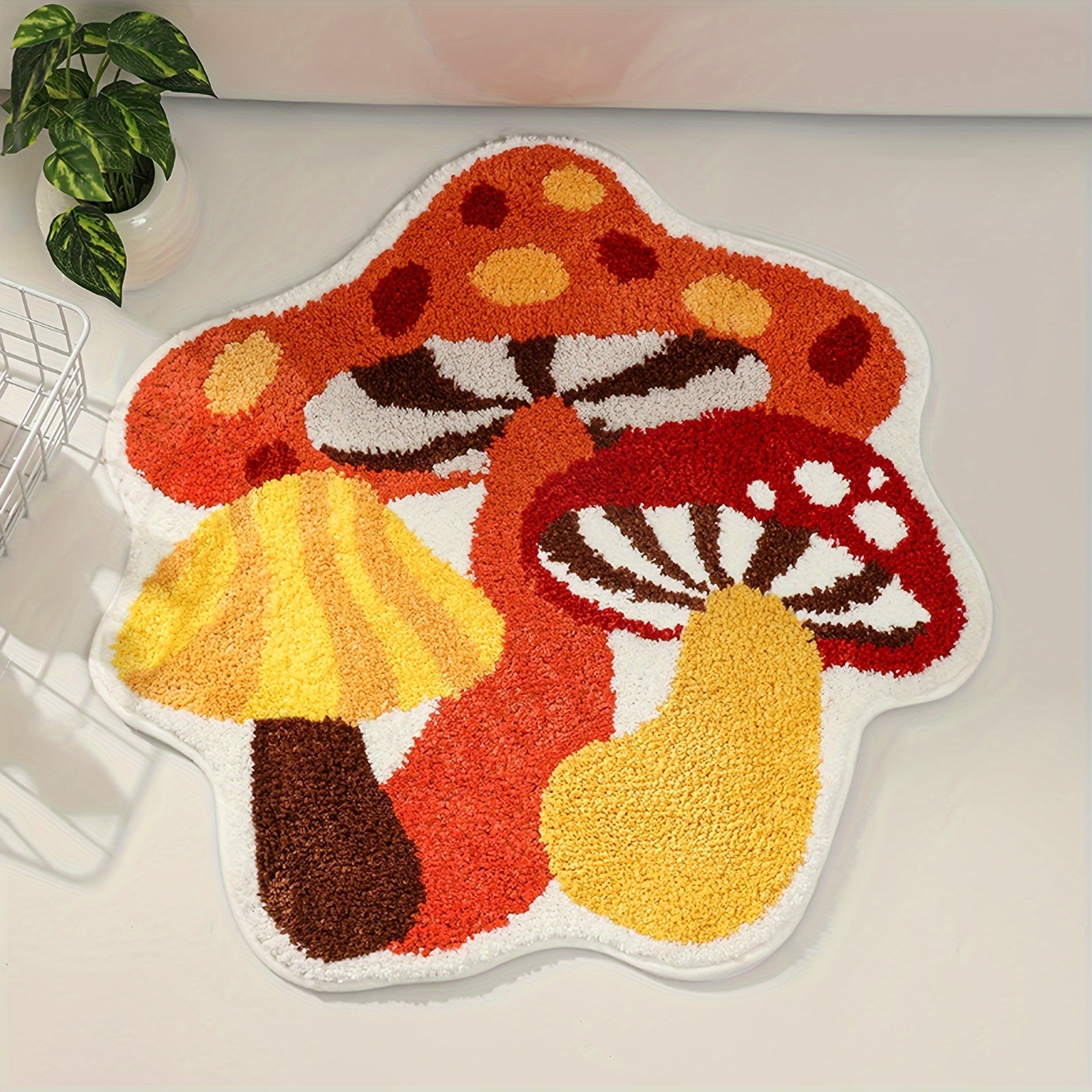 FANCGUY Non-Slip Mushroom Bath Rug - Soft & Fluffy Tufted Polyester Shower Mat, Machine Washable, Water Absorbent, Universal Holiday, Polygonal Shape, TPR Backing, Lightweight - Cute Home Decor Bathroom Accessory