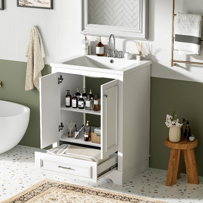 24'' Bathroom Vanity with Ceramic Sink Combo, Modern Freestanding Storage Cabinet with Silvery Handles, Soft Closing Doors