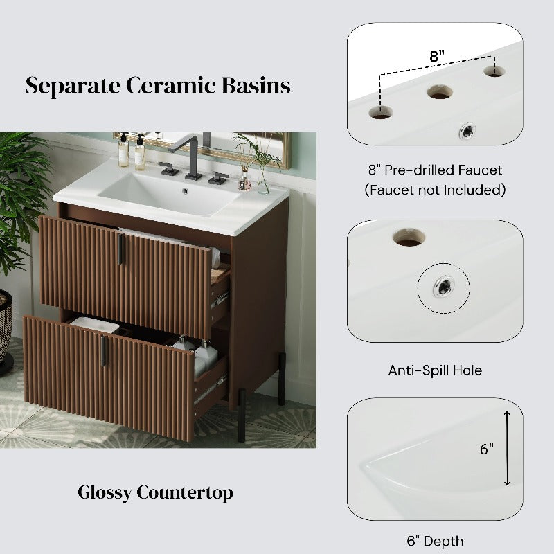 30-Inch Bathroom Cabinet Featuring a Ceramic Basin, Designed with Vertical Handles And Fully Extending Drawers, a Standalone Unit with Soft-Closing Drawer Mechanisms, Fluted Style, in a Dark Brown End