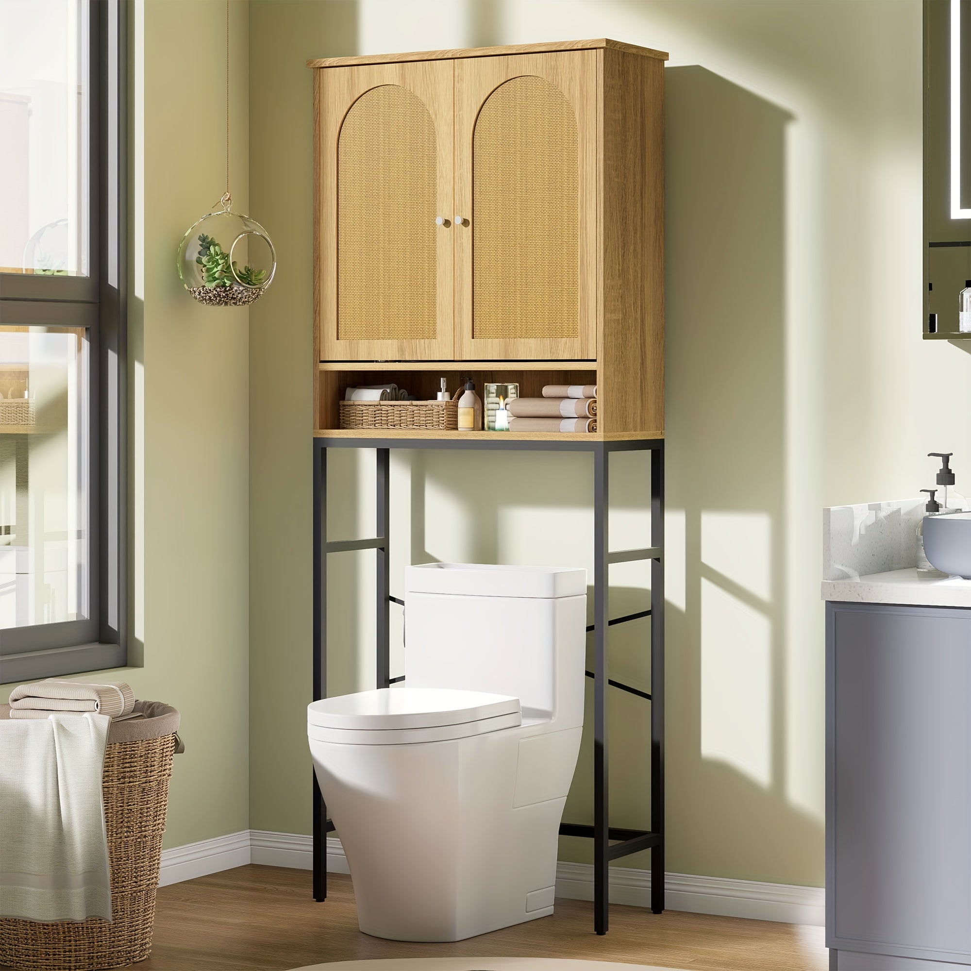 Toilet Storage Cabinet | Over The Toilet Space Saving Organizer with Adjustable Shelf, Sturdy Metal Frame, Wooden Design, Bathroom Cupboard for Small Spaces Holds Towels, Washer, Toiletries, Green, Rustic Style, Lockable, Floor Mount