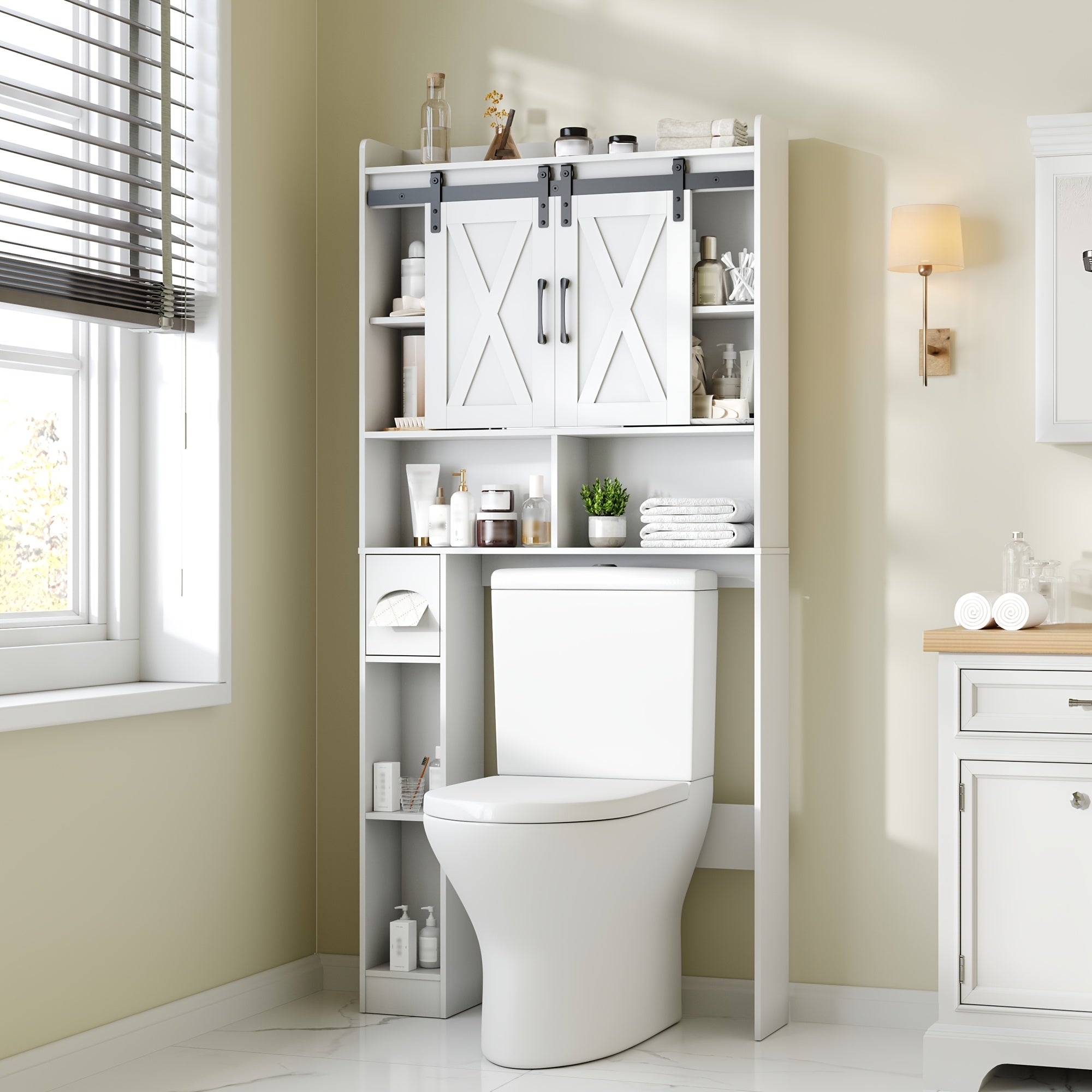 Over-The-Toilet Storage Cabinet with Toilet Paper Holder Stand - Space-Saving -Standing Bathroom Shelf, \u002FPlywood Suitable for Bathroom, Restroom, Laundry Room, Modern Minimalist with Assembly