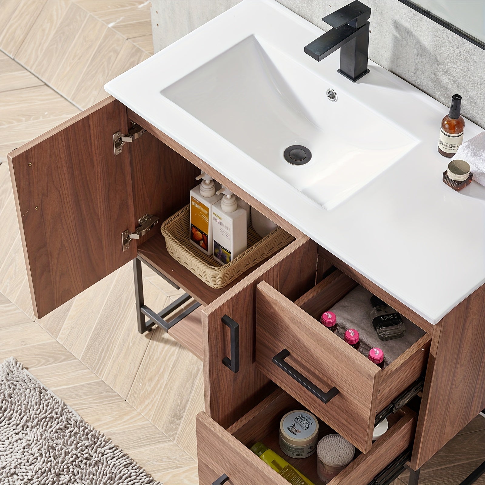 36-Inch Rustic Wooden Bathroom Vanity with Black Metal Handles, Ceramic Sink, Two Doors & Drawers, Large Capacity Storage for Modern Bathrooms, Bathroom Decor And Accessories