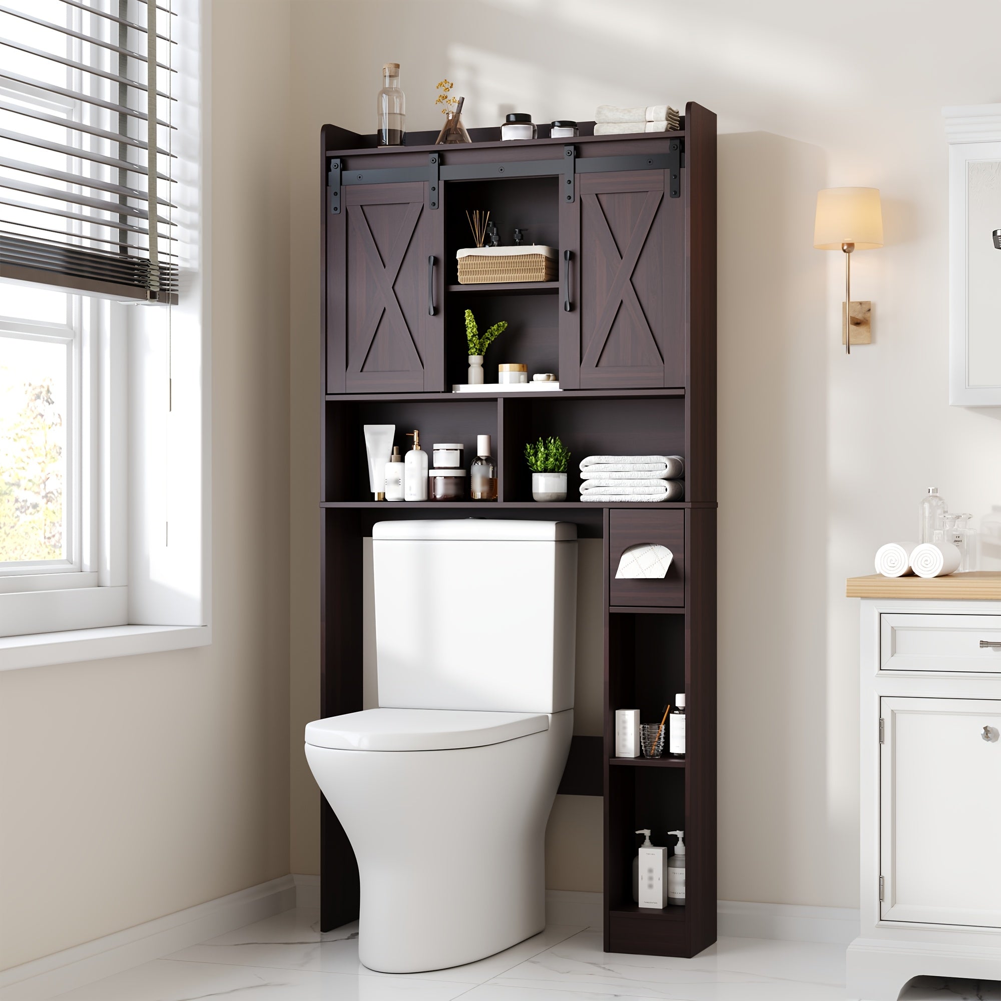 Over-The-Toilet Storage Cabinet with Toilet Paper Holder Stand - Space-Saving -Standing Bathroom Shelf, \u002FPlywood Suitable for Bathroom, Restroom, Laundry Room, Modern Minimalist with Assembly