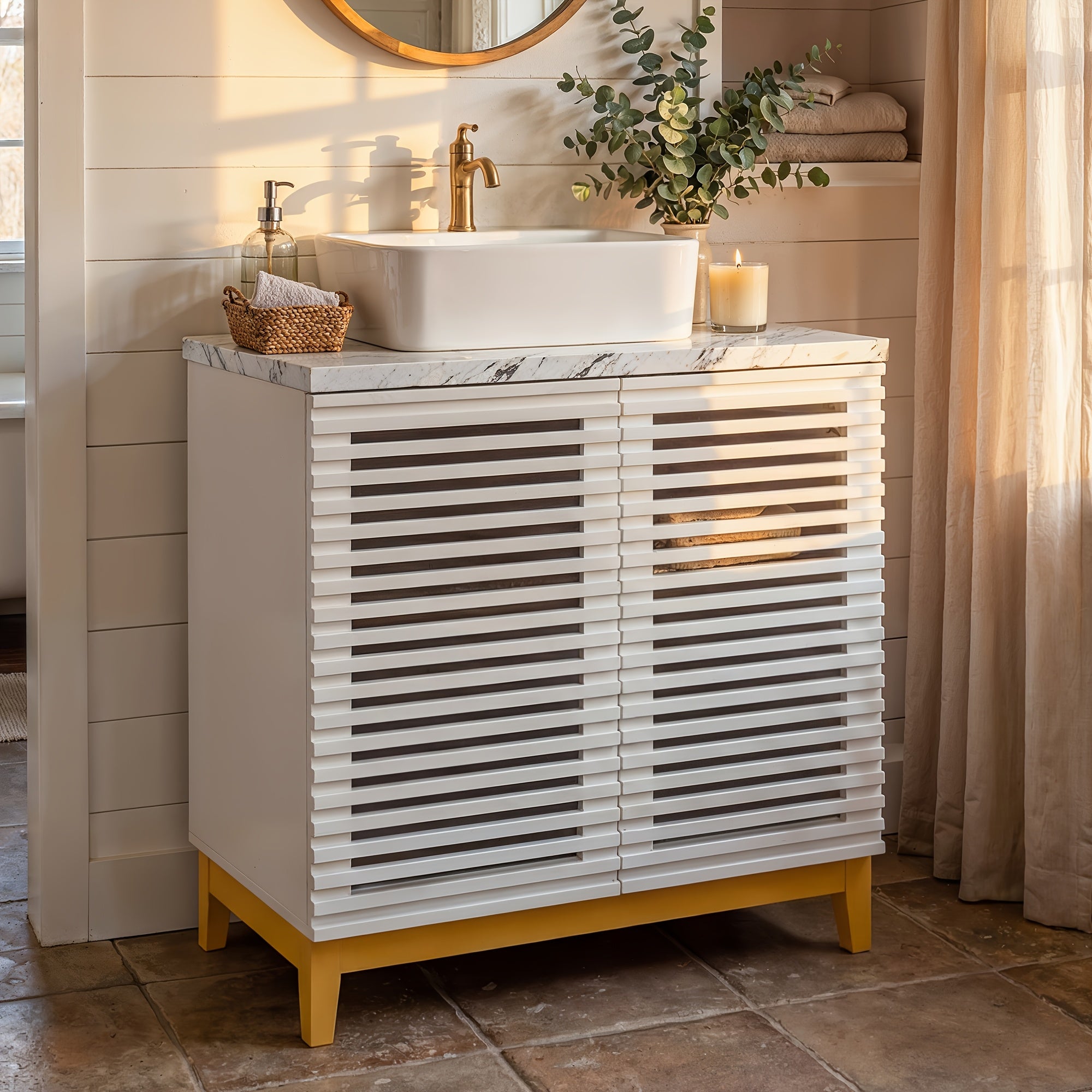 Modern Bathroom Vanity with Artificial Stone Washbasin And Storage Compartment, Bathroom Cabinet with Slatted Cabinet Doors And Solid Wood Legs, Bathroom Organizer And Storage, for Bathroom, White