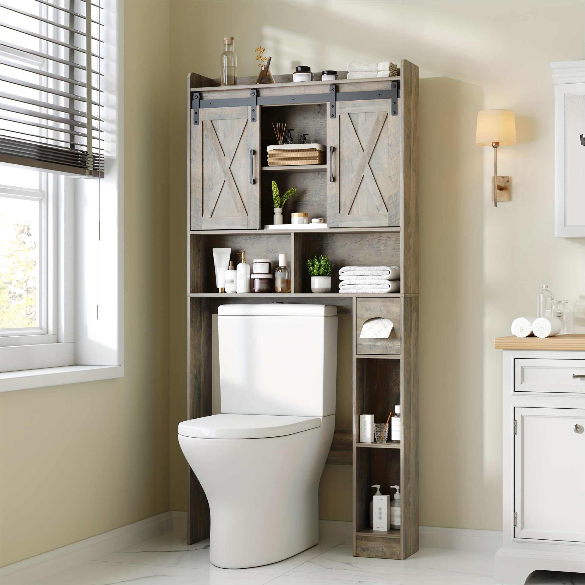 Over-The-Toilet Storage Cabinet with Toilet Paper Holder Stand - Space-Saving -Standing Bathroom Shelf, \u002FPlywood Suitable for Bathroom, Restroom, Laundry Room, Modern Minimalist with Assembly