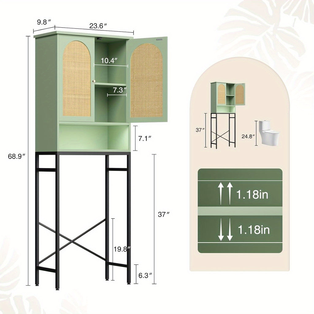 Toilet Storage Cabinet | Over The Toilet Space Saving Organizer with Adjustable Shelf, Sturdy Metal Frame, Wooden Design, Bathroom Cupboard for Small Spaces Holds Towels, Washer, Toiletries, Green, Rustic Style, Lockable, Floor Mount