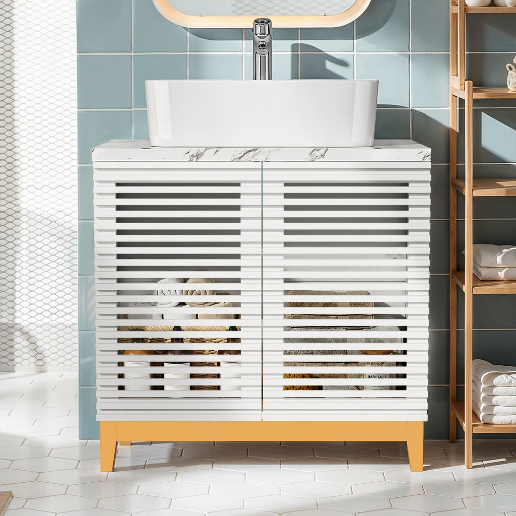 Modern Bathroom Vanity with Artificial Stone Washbasin And Storage Compartment, Bathroom Cabinet with Slatted Cabinet Doors And Solid Wood Legs, Bathroom Organizer And Storage, for Bathroom, White