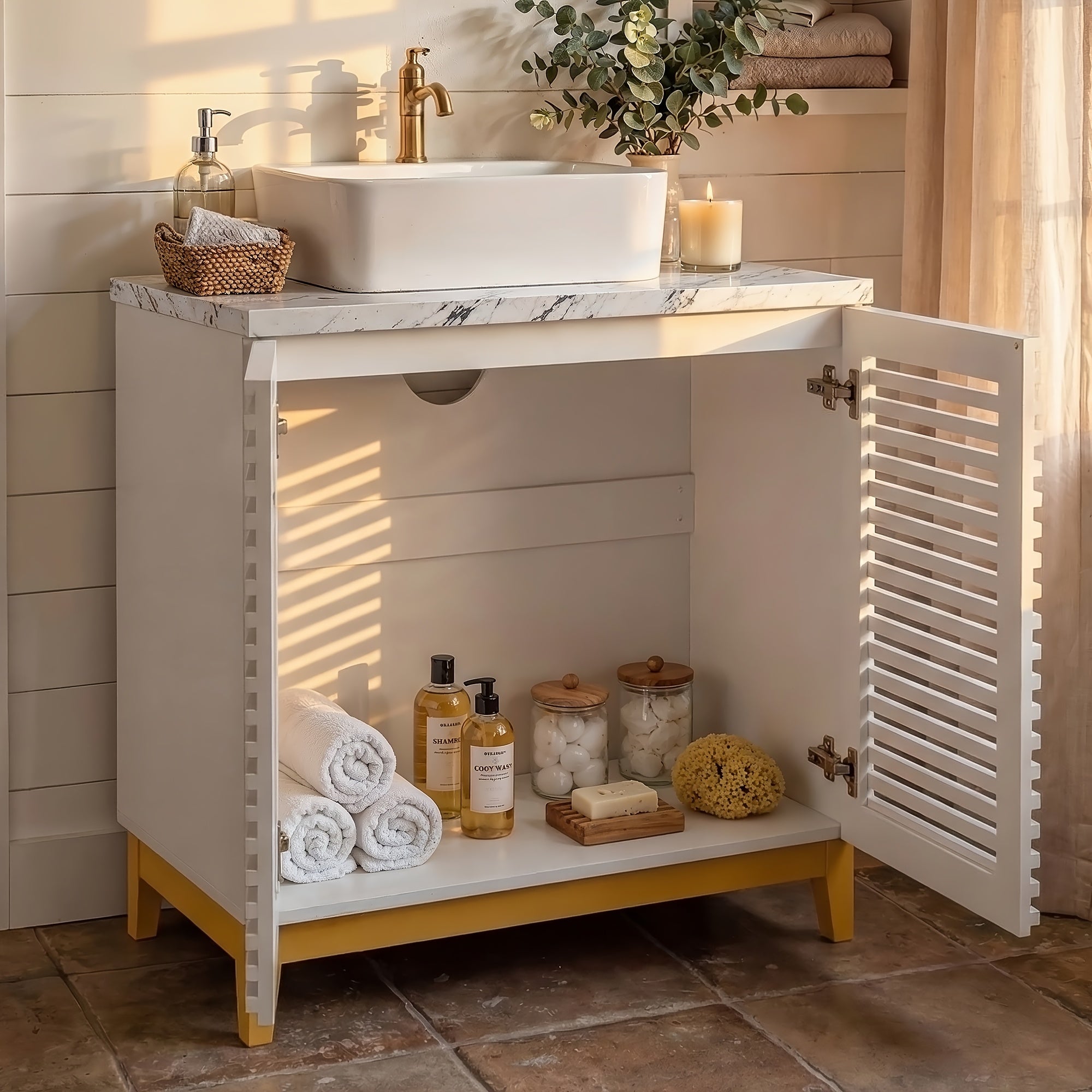 Modern Bathroom Vanity with Artificial Stone Washbasin And Storage Compartment, Bathroom Cabinet with Slatted Cabinet Doors And Solid Wood Legs, Bathroom Organizer And Storage, for Bathroom, White
