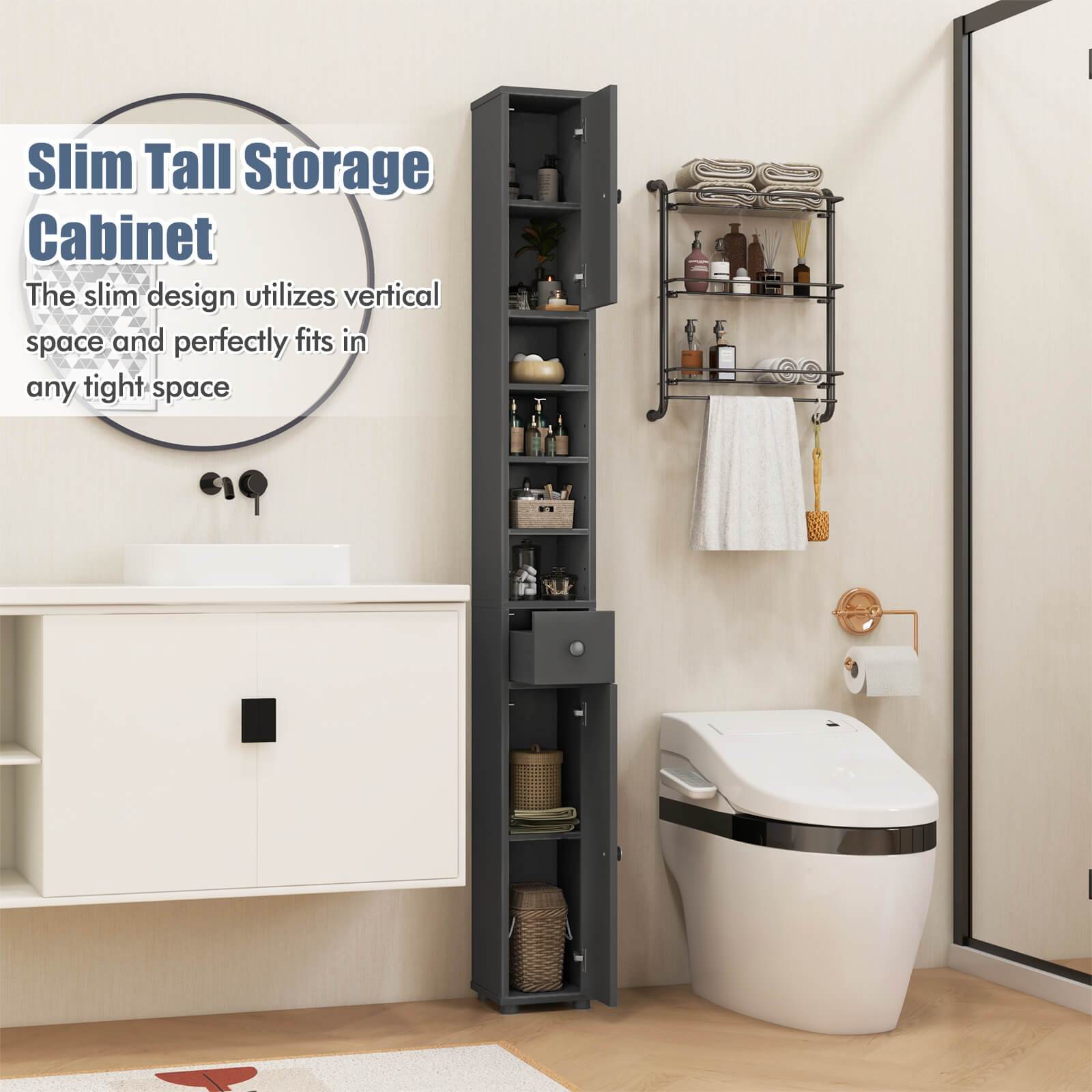 PETSITE Slim Bathroom Tall Cabinet, Freestanding Floor Storage Organizer with 2 Doors, 1 Drawer & 5 Adjustable Shelves, Narrow Linen Tower for Small Spaces, Wood Fiber Board Material, Bathroom Organizers And Storage