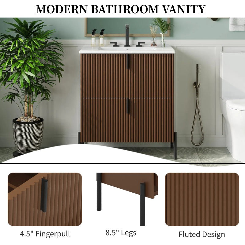 30-Inch Bathroom Cabinet Featuring a Ceramic Basin, Designed with Vertical Handles And Fully Extending Drawers, a Standalone Unit with Soft-Closing Drawer Mechanisms, Fluted Style, in a Dark Brown End