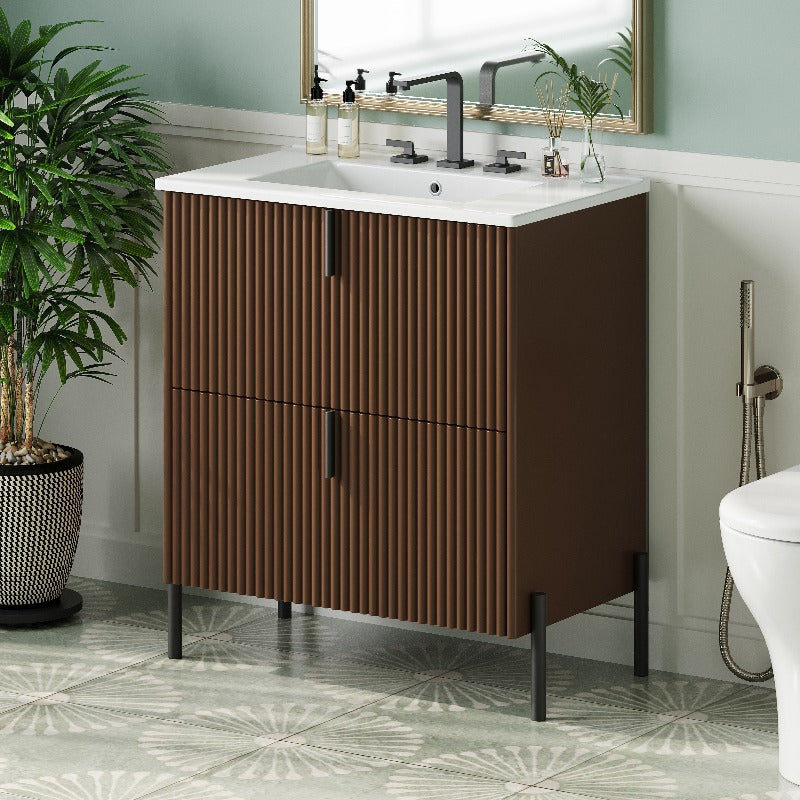 30-Inch Bathroom Cabinet Featuring a Ceramic Basin, Designed with Vertical Handles And Fully Extending Drawers, a Standalone Unit with Soft-Closing Drawer Mechanisms, Fluted Style, in a Dark Brown End