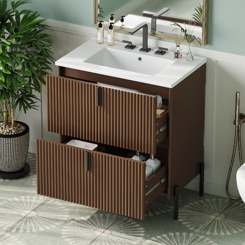 30-Inch Bathroom Cabinet Featuring a Ceramic Basin, Designed with Vertical Handles And Fully Extending Drawers, a Standalone Unit with Soft-Closing Drawer Mechanisms, Fluted Style, in a Dark Brown End