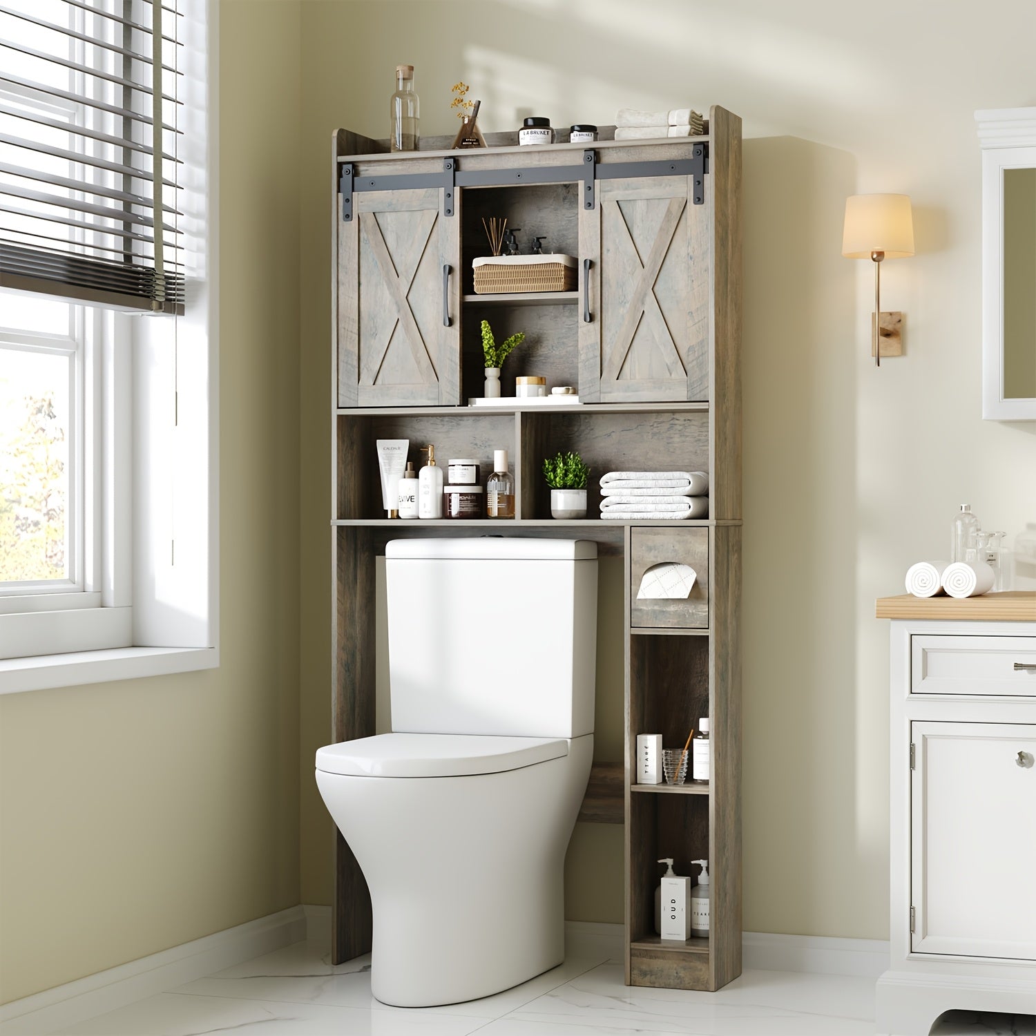 Over-The-Toilet Storage Cabinet with Toilet Paper Holder Stand - Space-Saving -Standing Bathroom Shelf, \u002FPlywood Suitable for Bathroom, Restroom, Laundry Room, Modern Minimalist with Assembly