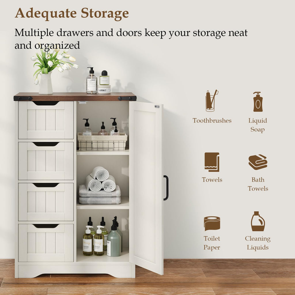 Christmas Black Friday - Farmhouse Bathroom Storage Cabinet, Freestanding High-Quality Wooden Cabinet with 4 Drawers & 1 Door, Rustic Adjustable Shelf Organizer for Bathroom Towels and Toiletries, Living Room or Entryway, White, Holiday Gift