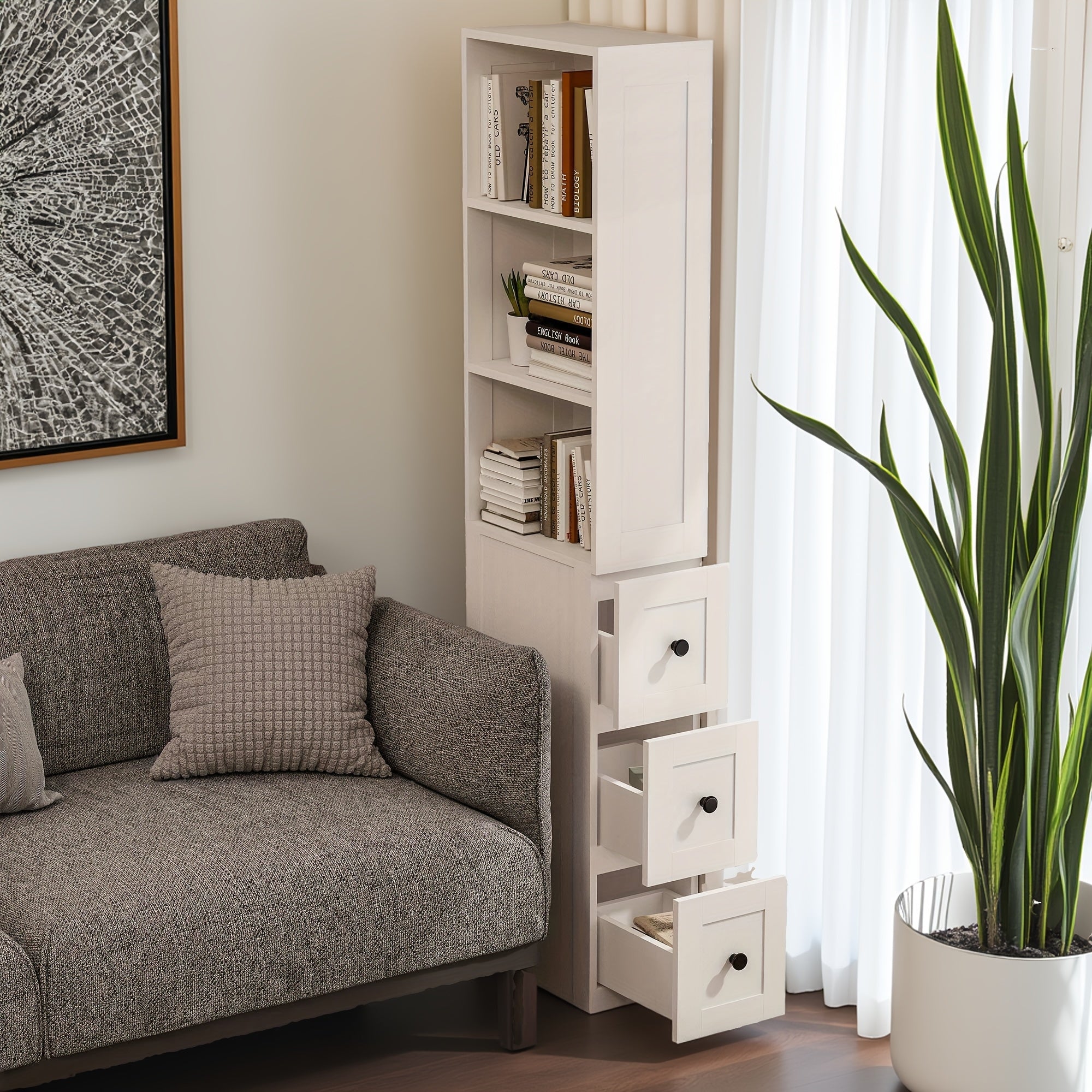 LAUSAINT HOME Bathroom Storage Cabinet Tall Thin White Cabinet with 3 Adjustable Shelves, Slim Shallow Towel Linen Closet Organizer for Kitchen Living Room, Free Standing Space Saver Bathroom Cabinets