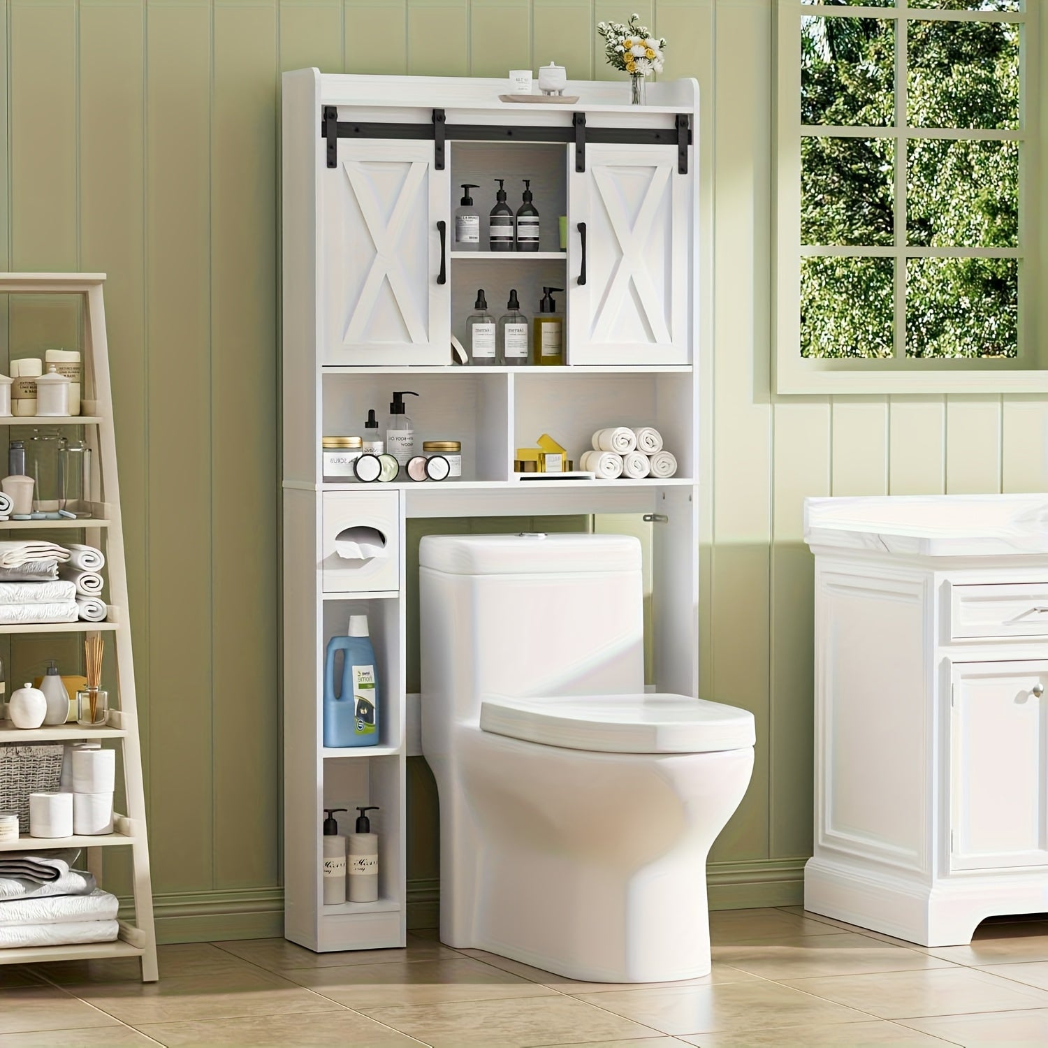 Farmhouse Storage Cabinet Over Toilet with Sliding Doors | Space-Saving Design, Brown Particle Board, Floor Mount, for Bathroom, Restroom, Laundry - BEFRASES