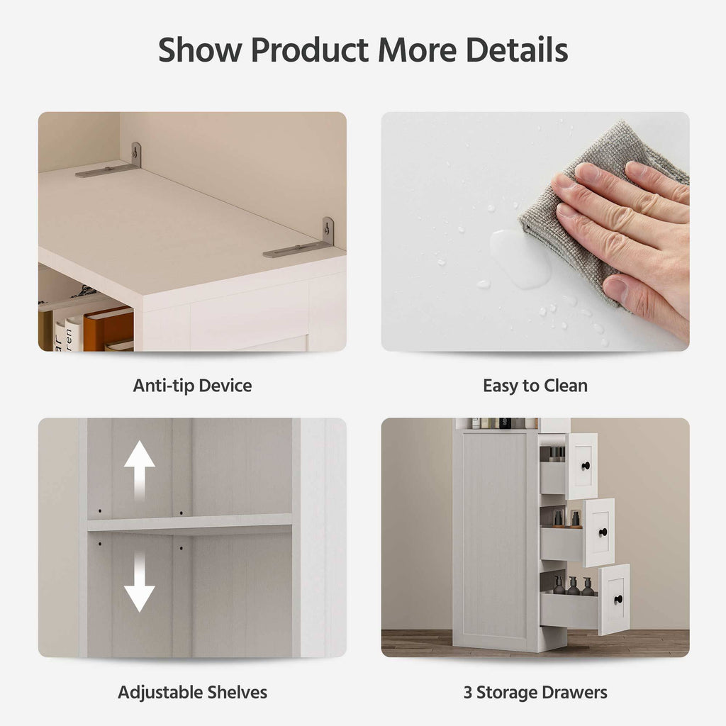 LAUSAINT HOME Bathroom Storage Cabinet Tall Thin White Cabinet with 3 Adjustable Shelves, Slim Shallow Towel Linen Closet Organizer for Kitchen Living Room, Free Standing Space Saver Bathroom Cabinets