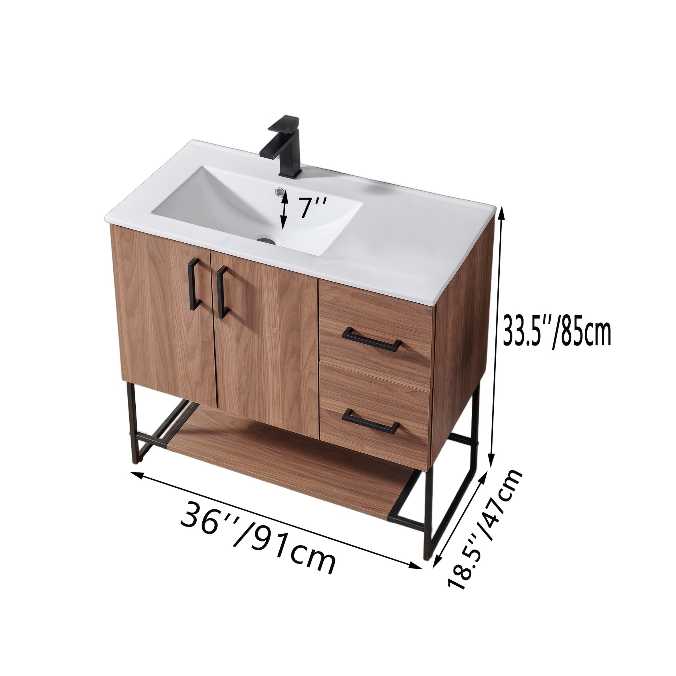 36-Inch Rustic Wooden Bathroom Vanity with Black Metal Handles, Ceramic Sink, Two Doors & Drawers, Large Capacity Storage for Modern Bathrooms, Bathroom Decor And Accessories