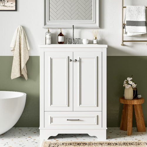 24'' Bathroom Vanity with Ceramic Sink Combo, Modern Freestanding Storage Cabinet with Silvery Handles, Soft Closing Doors