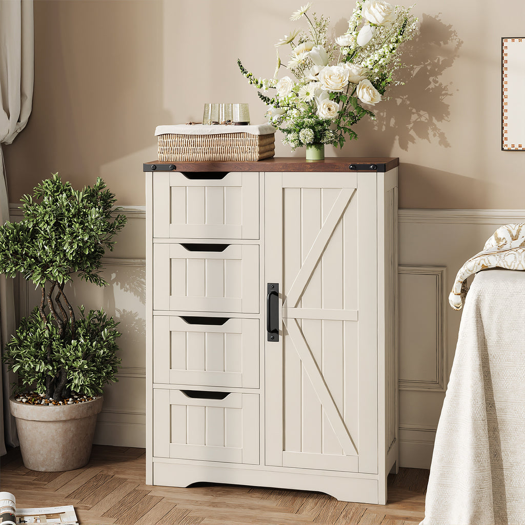 Christmas Black Friday - Farmhouse Bathroom Storage Cabinet, Freestanding High-Quality Wooden Cabinet with 4 Drawers & 1 Door, Rustic Adjustable Shelf Organizer for Bathroom Towels and Toiletries, Living Room or Entryway, White, Holiday Gift