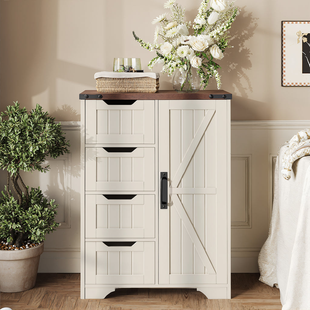 Christmas Black Friday - Farmhouse Bathroom Storage Cabinet, Freestanding High-Quality Wooden Cabinet with 4 Drawers & 1 Door, Rustic Adjustable Shelf Organizer for Bathroom Towels and Toiletries, Living Room or Entryway, White, Holiday Gift