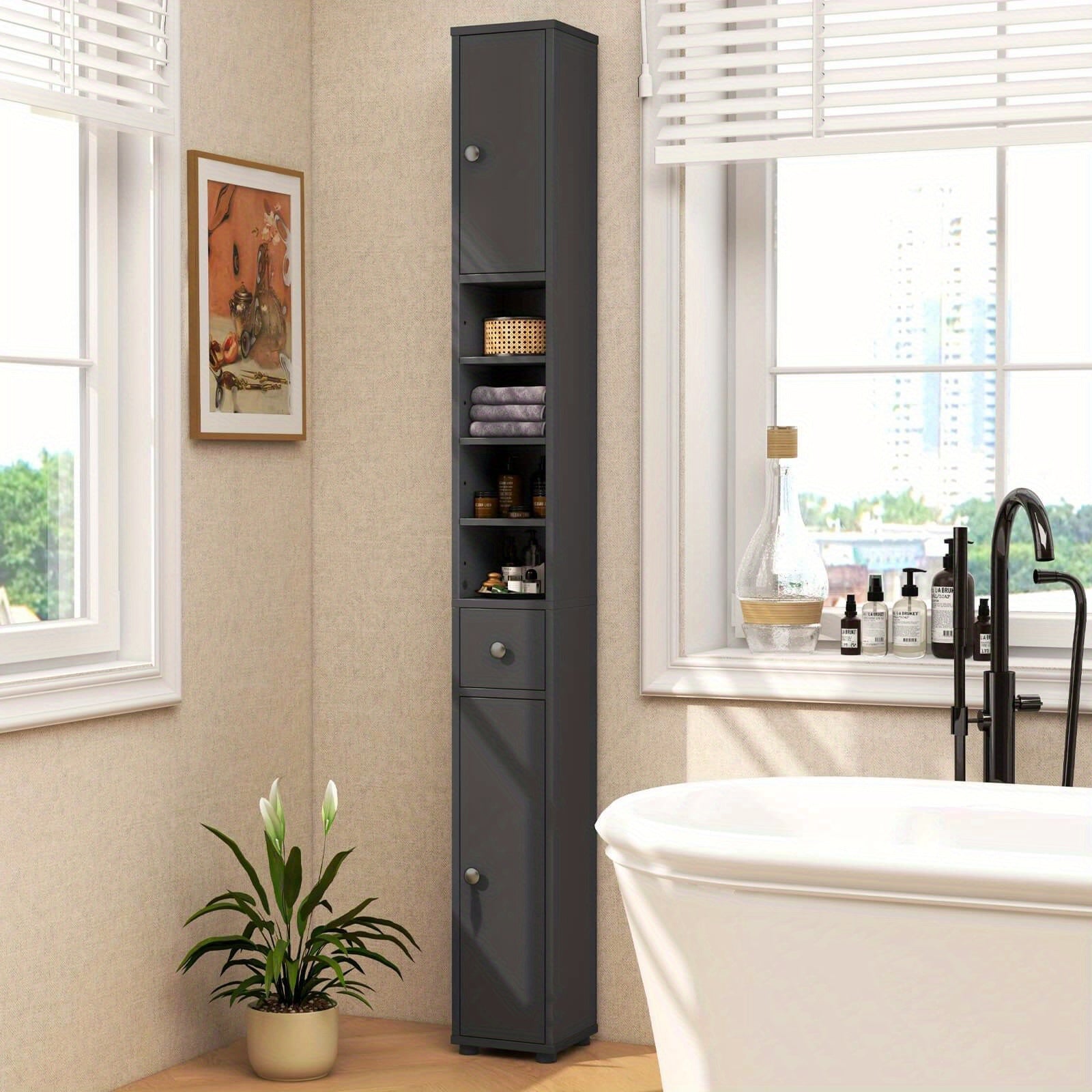 PETSITE Slim Bathroom Tall Cabinet, Freestanding Floor Storage Organizer with 2 Doors, 1 Drawer & 5 Adjustable Shelves, Narrow Linen Tower for Small Spaces, Wood Fiber Board Material, Bathroom Organizers And Storage