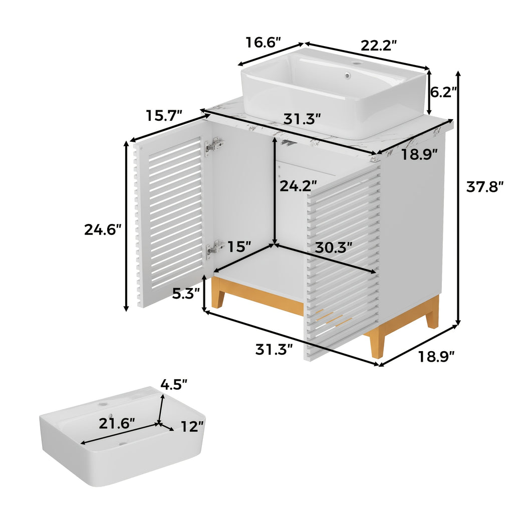 Modern Bathroom Vanity with Artificial Stone Washbasin And Storage Compartment, Bathroom Cabinet with Slatted Cabinet Doors And Solid Wood Legs, Bathroom Organizer And Storage, for Bathroom, White