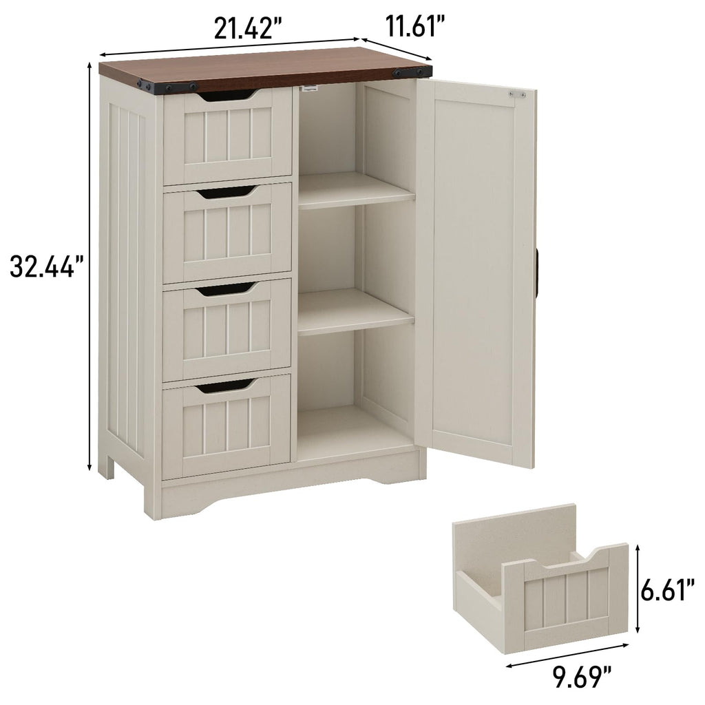 Christmas Black Friday - Farmhouse Bathroom Storage Cabinet, Freestanding High-Quality Wooden Cabinet with 4 Drawers & 1 Door, Rustic Adjustable Shelf Organizer for Bathroom Towels and Toiletries, Living Room or Entryway, White, Holiday Gift