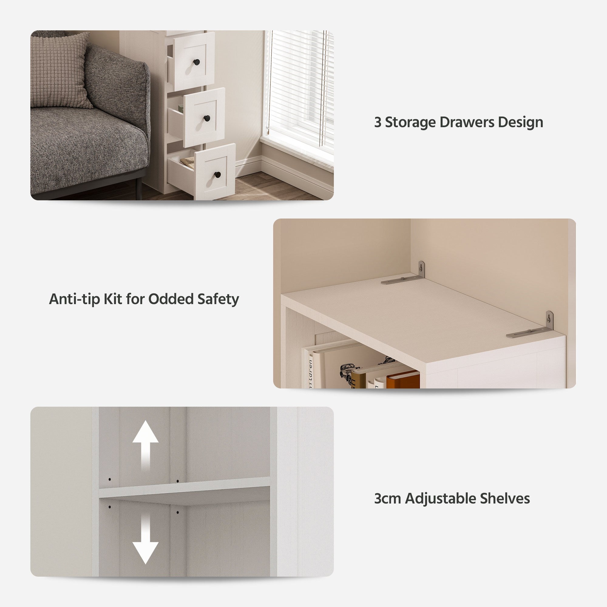 LAUSAINT HOME Bathroom Storage Cabinet Tall Thin White Cabinet with 3 Adjustable Shelves, Slim Shallow Towel Linen Closet Organizer for Kitchen Living Room, Free Standing Space Saver Bathroom Cabinets