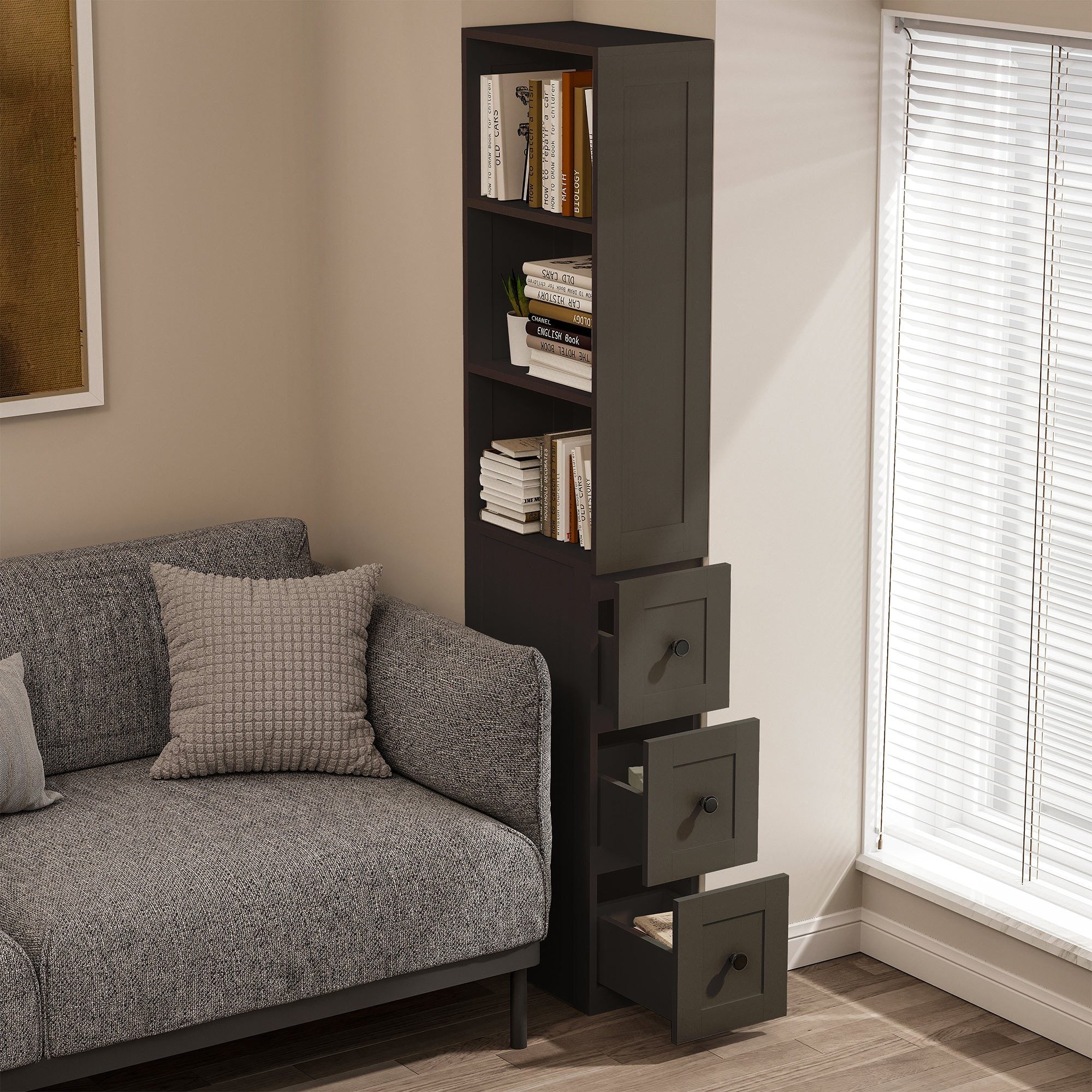 LAUSAINT HOME Bathroom Storage Cabinet Tall Thin White Cabinet with 3 Adjustable Shelves, Slim Shallow Towel Linen Closet Organizer for Kitchen Living Room, Free Standing Space Saver Bathroom Cabinets