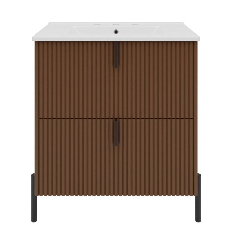 30-Inch Bathroom Cabinet Featuring a Ceramic Basin, Designed with Vertical Handles And Fully Extending Drawers, a Standalone Unit with Soft-Closing Drawer Mechanisms, Fluted Style, in a Dark Brown End