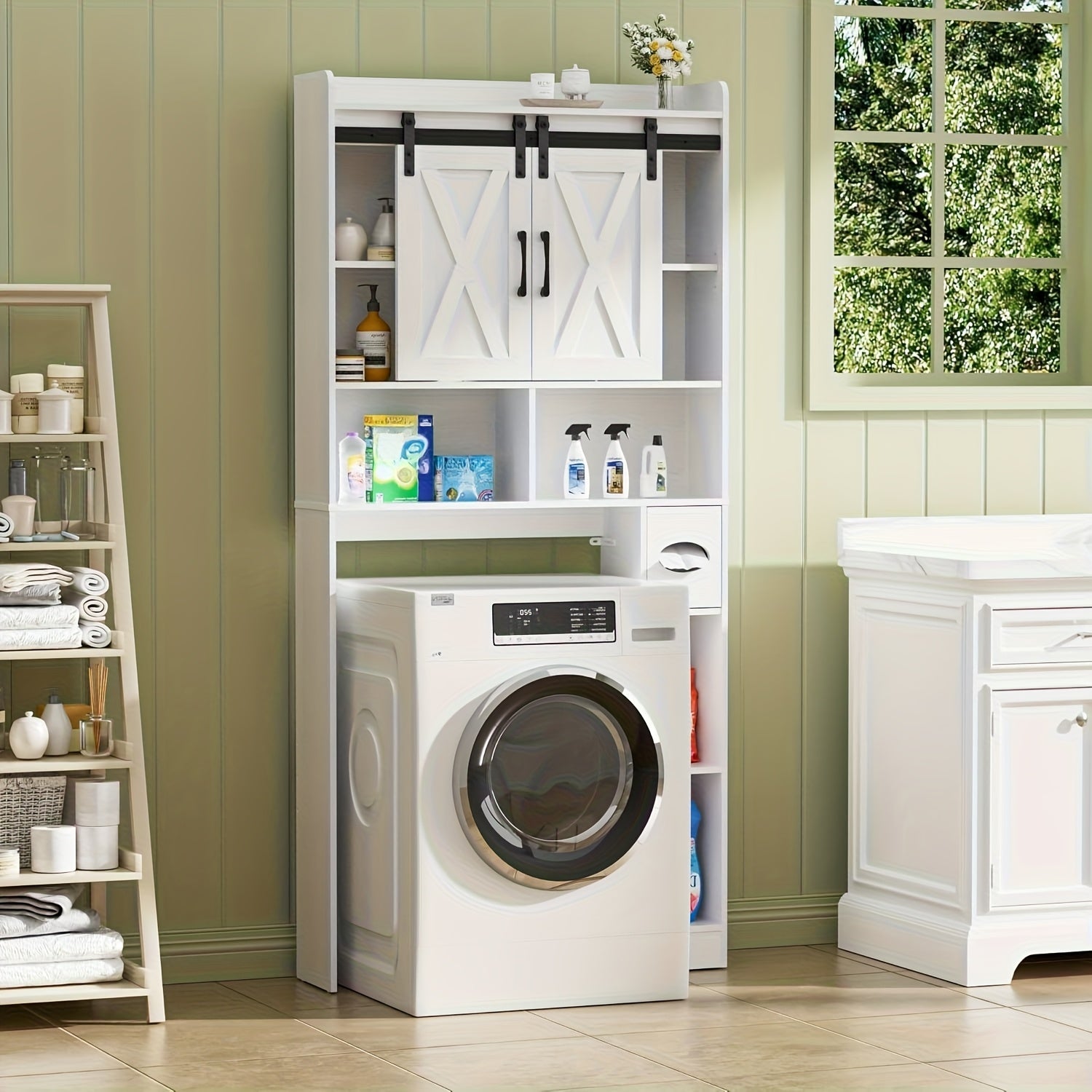 Farmhouse Storage Cabinet Over Toilet with Sliding Doors | Space-Saving Design, Brown Particle Board, Floor Mount, for Bathroom, Restroom, Laundry - BEFRASES