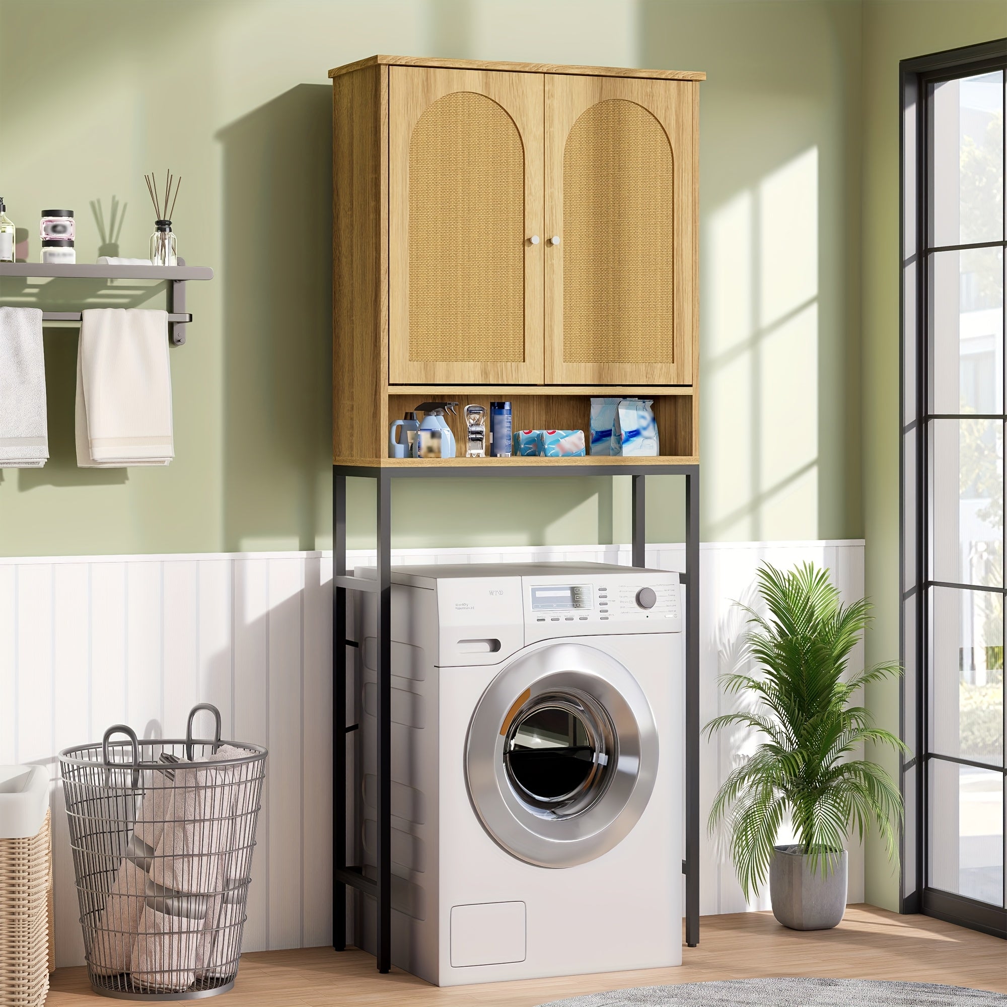 Toilet Storage Cabinet | Over The Toilet Space Saving Organizer with Adjustable Shelf, Sturdy Metal Frame, Wooden Design, Bathroom Cupboard for Small Spaces Holds Towels, Washer, Toiletries, Green, Rustic Style, Lockable, Floor Mount