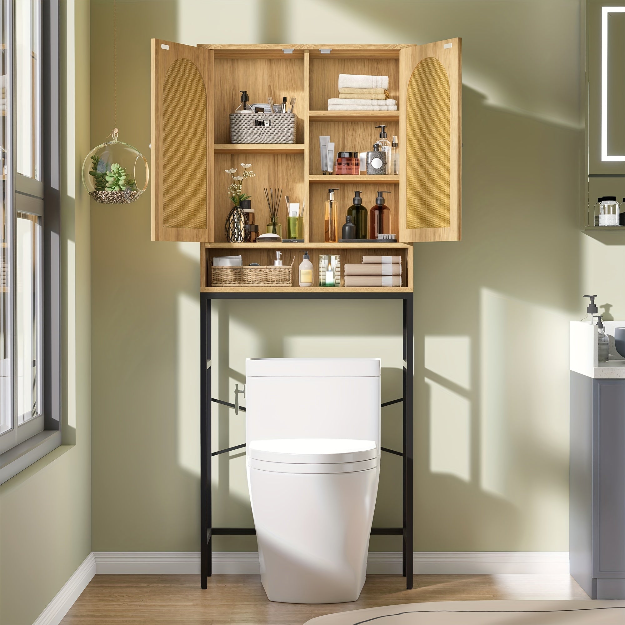 Toilet Storage Cabinet | Over The Toilet Space Saving Organizer with Adjustable Shelf, Sturdy Metal Frame, Wooden Design, Bathroom Cupboard for Small Spaces Holds Towels, Washer, Toiletries, Green, Rustic Style, Lockable, Floor Mount