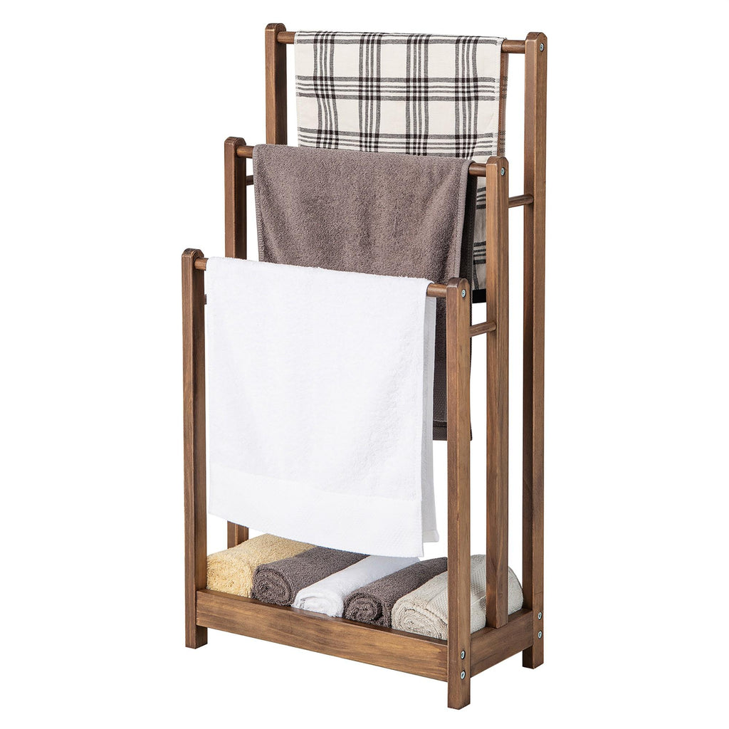 COSTWAY Solid Wood Freestanding 3-Tier Towel Rack & Blanket Ladder with Anti-Tip Device, Heavy-Duty 30lb Capacity, French Country Style 3-Bar Hand Towel Drying Stand with Bottom Storage Shelf, Space-Saving Floor-Standing Organizer for Bathroom