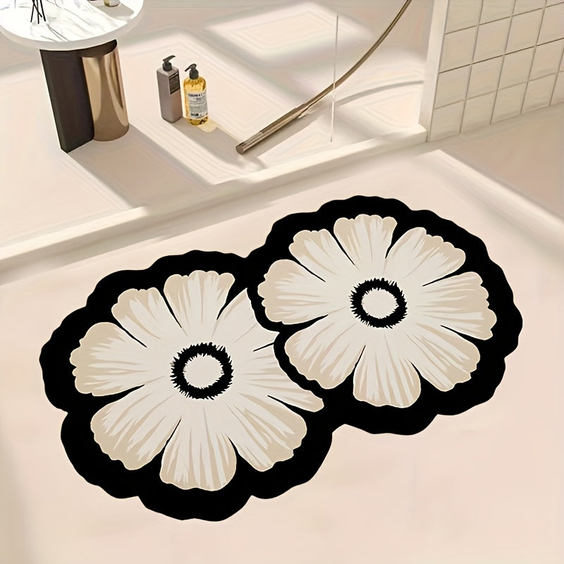 1pc Floral Diatomaceous Earth Non-Slip Bath Mat - Super Absorbent, Quick-Drying, Soft Shower Mat, Easy To Clean, Decorative Oval Floor Mat With Floral Pattern, Mechanically Bonded Polyester Backing, Safe And Stylish, Non-Slip Bath | Bathroom Rug