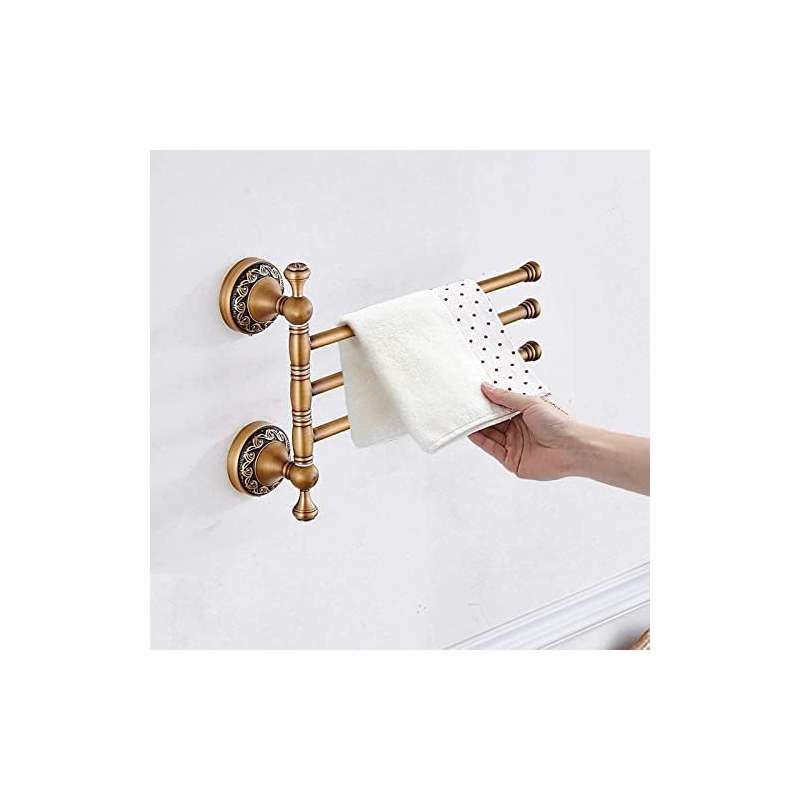3-Arm Swivel Towel Bar with 360° Rotating Arms - Heavy-Duty Stainless Steel Bathroom Towel Rack, Space-Saving Modern Design with Walnut Finish & Brass Holders, Curved Arms for Ample Towel Storage, Ideal for Bath, Shower, or Powder Room - Easy Instal