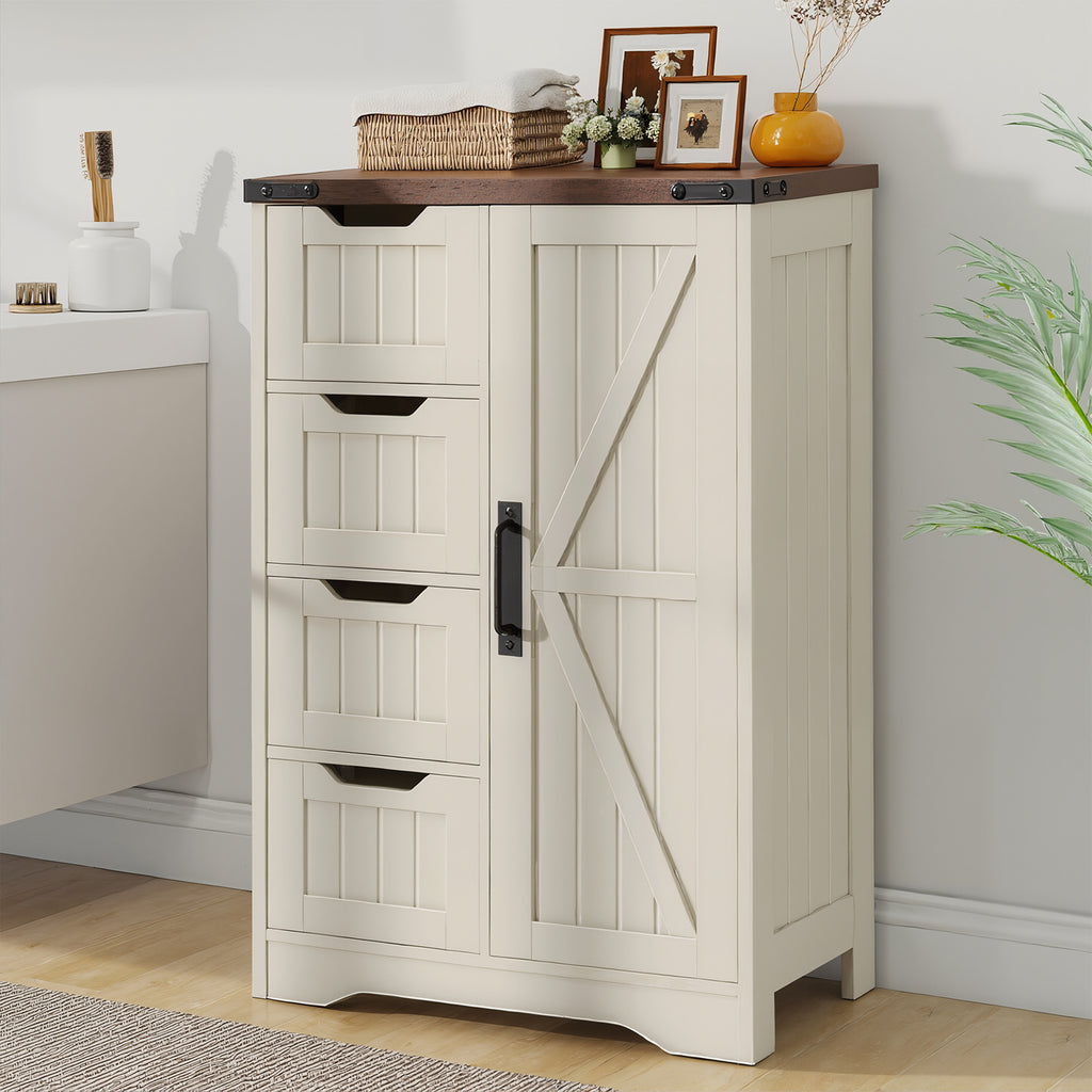 Christmas Black Friday - Farmhouse Bathroom Storage Cabinet, Freestanding High-Quality Wooden Cabinet with 4 Drawers & 1 Door, Rustic Adjustable Shelf Organizer for Bathroom Towels and Toiletries, Living Room or Entryway, White, Holiday Gift
