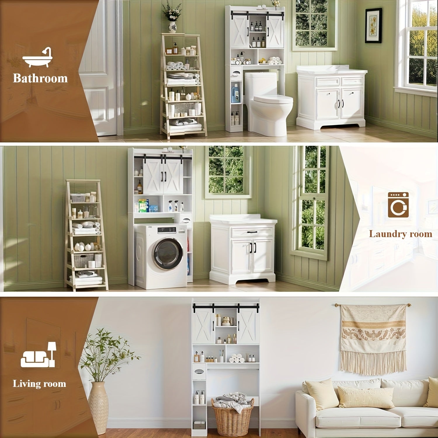 Farmhouse Storage Cabinet Over Toilet with Sliding Doors | Space-Saving Design, Brown Particle Board, Floor Mount, for Bathroom, Restroom, Laundry - BEFRASES