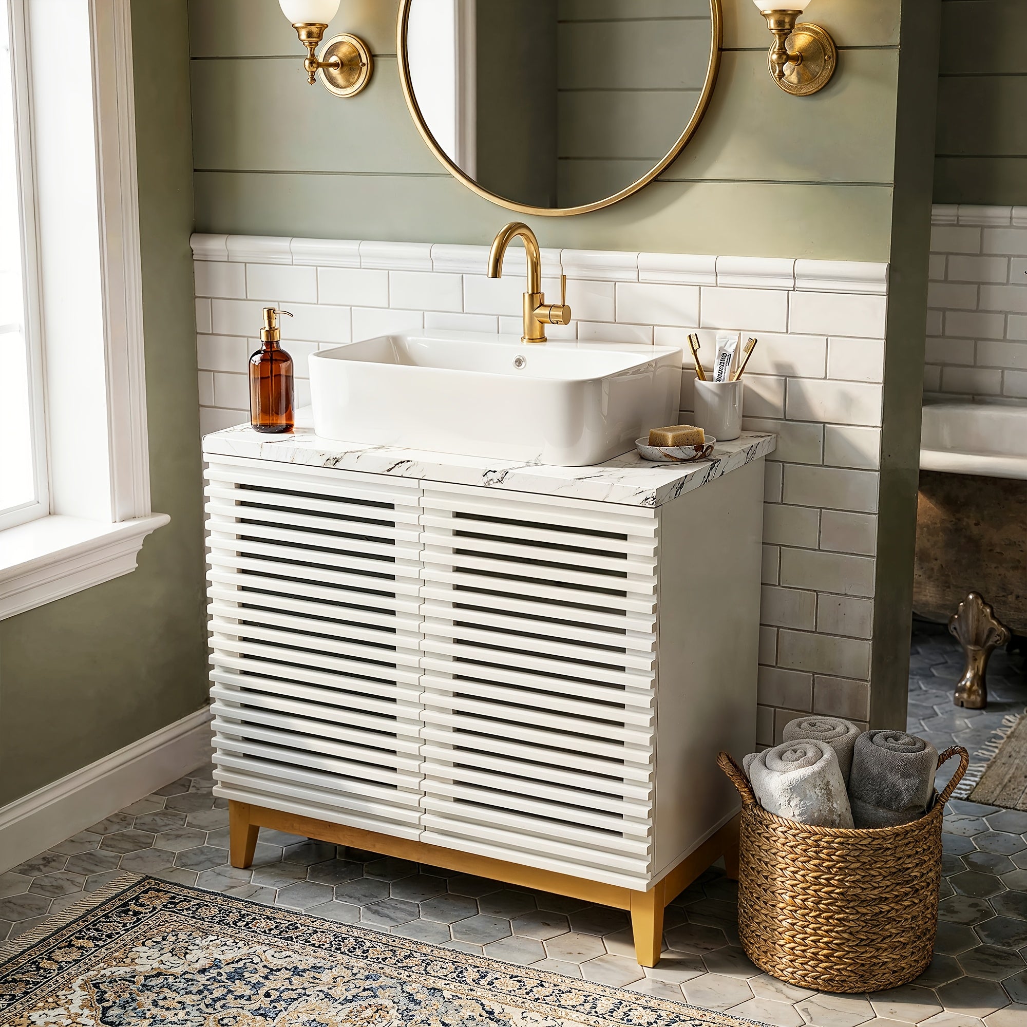 Modern Bathroom Vanity with Artificial Stone Washbasin And Storage Compartment, Bathroom Cabinet with Slatted Cabinet Doors And Solid Wood Legs, Bathroom Organizer And Storage, for Bathroom, White