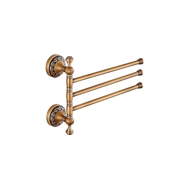 3-Arm Swivel Towel Bar with 360° Rotating Arms - Heavy-Duty Stainless Steel Bathroom Towel Rack, Space-Saving Modern Design with Walnut Finish & Brass Holders, Curved Arms for Ample Towel Storage, Ideal for Bath, Shower, or Powder Room - Easy Instal