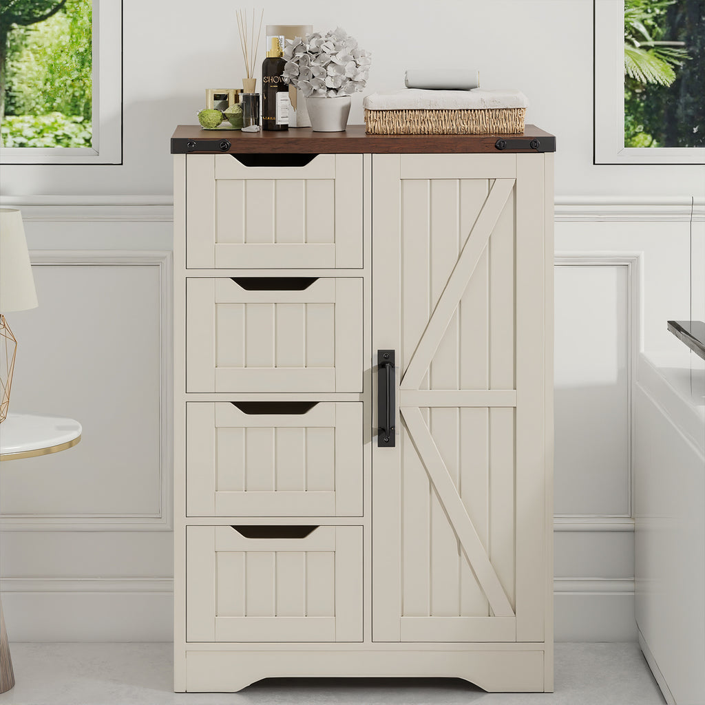 Christmas Black Friday - Farmhouse Bathroom Storage Cabinet, Freestanding High-Quality Wooden Cabinet with 4 Drawers & 1 Door, Rustic Adjustable Shelf Organizer for Bathroom Towels and Toiletries, Living Room or Entryway, White, Holiday Gift