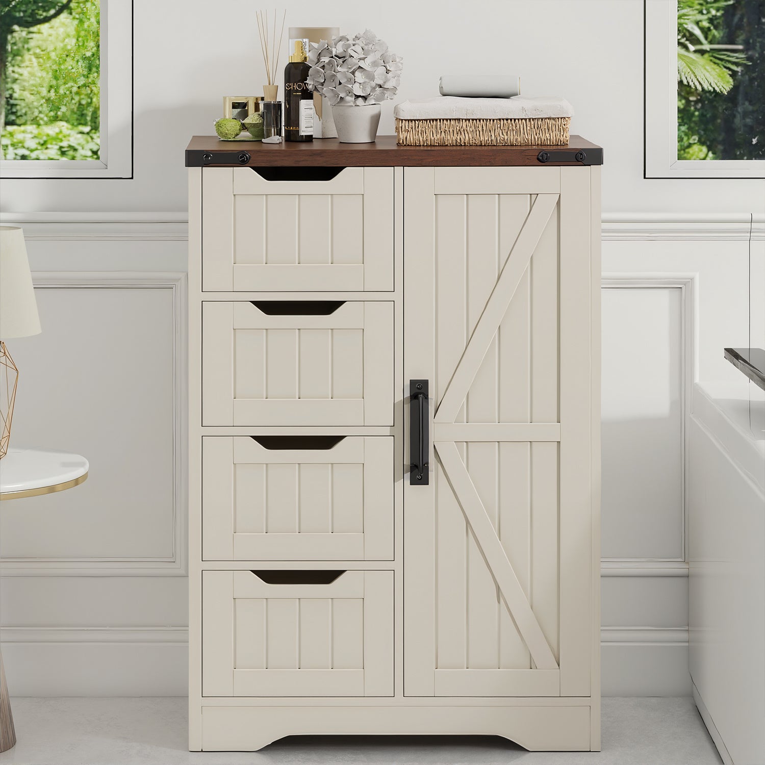 Christmas Black Friday - Farmhouse Bathroom Storage Cabinet, Freestanding High-Quality Wooden Cabinet with 4 Drawers & 1 Door, Rustic Adjustable Shelf Organizer for Bathroom Towels and Toiletries, Living Room or Entryway, White, Holiday Gift