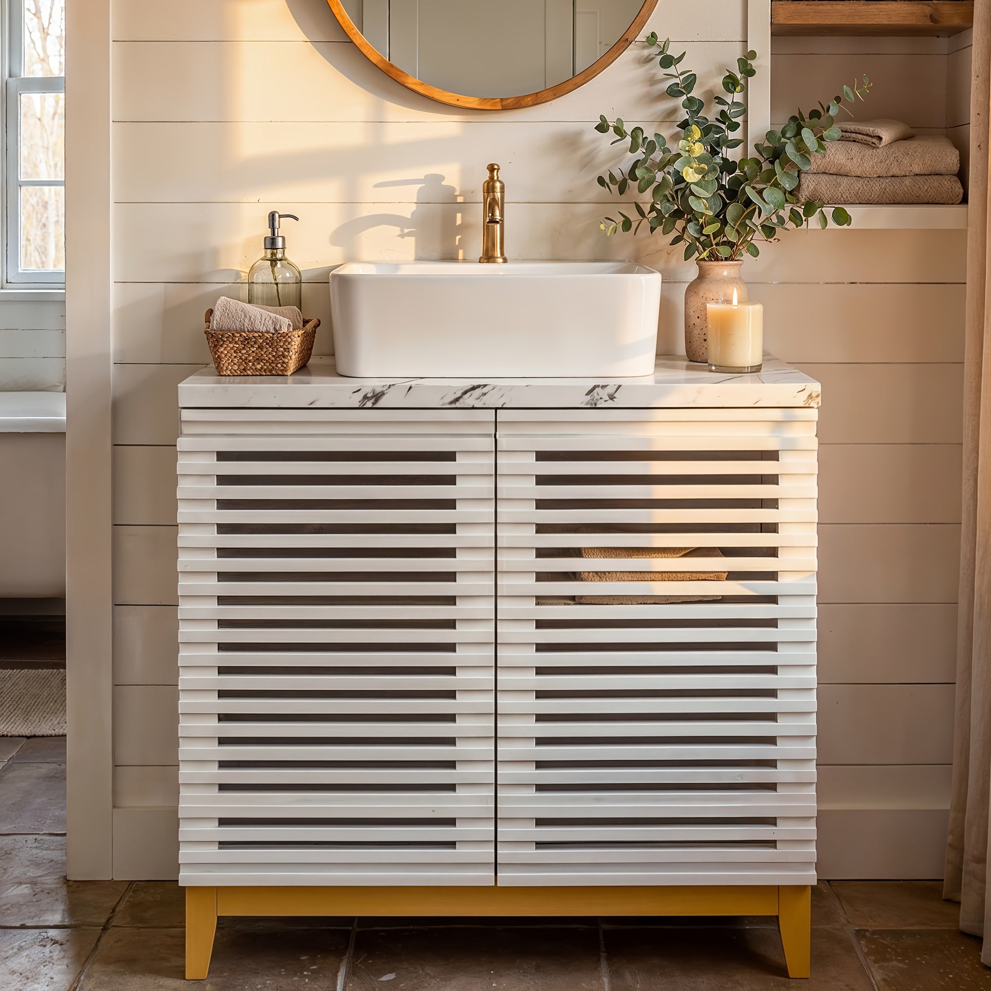 Modern Bathroom Vanity with Artificial Stone Washbasin And Storage Compartment, Bathroom Cabinet with Slatted Cabinet Doors And Solid Wood Legs, Bathroom Organizer And Storage, for Bathroom, White