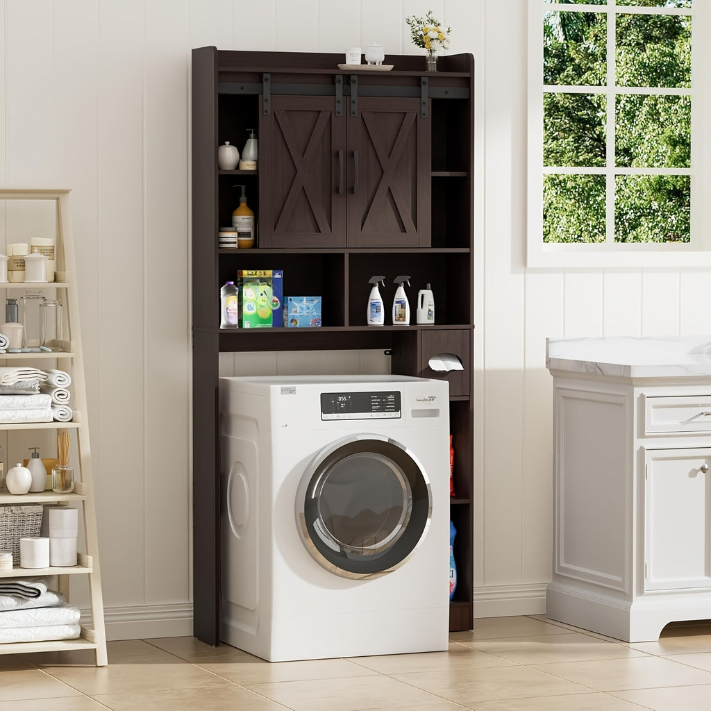 Farmhouse Storage Cabinet Over Toilet with Sliding Doors | Space-Saving Design, Brown Particle Board, Floor Mount, for Bathroom, Restroom, Laundry - BEFRASES