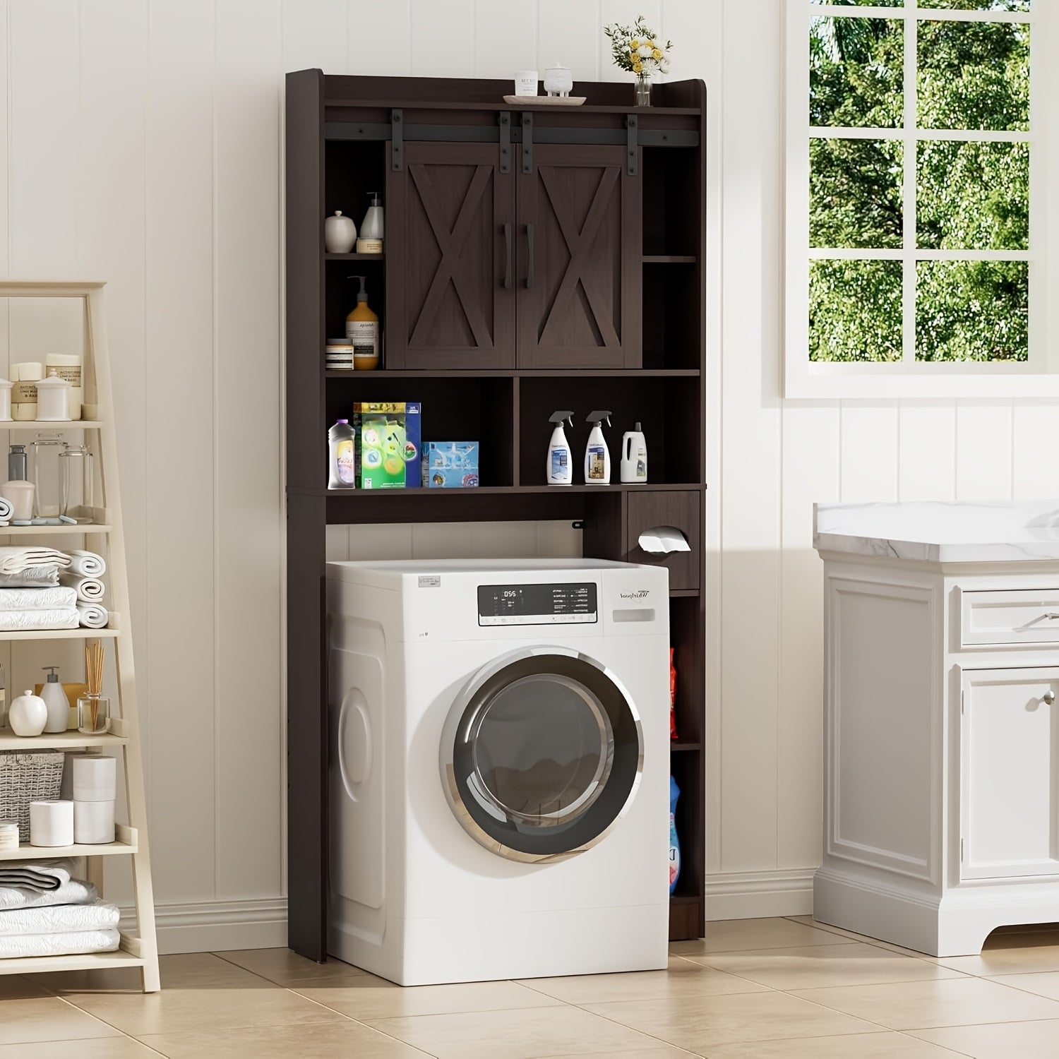 Farmhouse Storage Cabinet Over Toilet with Sliding Doors | Space-Saving Design, Brown Particle Board, Floor Mount, for Bathroom, Restroom, Laundry - BEFRASES